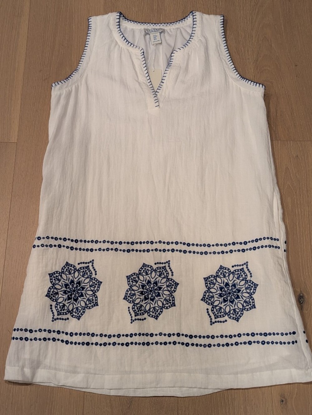 White Embroidered Dress with Navy Floral Motif